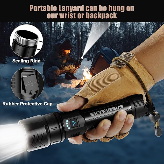 SKYFIRE Rechargeable Flashlights High Lumens with Ignition Lens,5000mAh Super Bright Flashlight Waterproof LED Tactical Flash Light for Camping Essentials Outdoor Home&Gifts