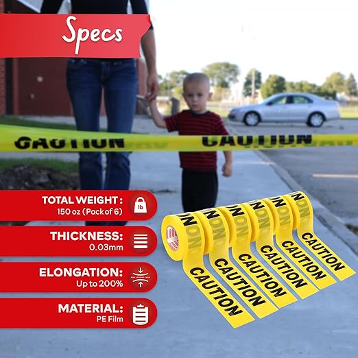 XFasten Yellow Caution Tape Roll Bulk, 3 in x 1000 ft (6-Pack), Thick and Durable Yellow Safety Tape for Barricades, Construction, Warning, and Hazard Areas ??Easy to Loop, Weatherproof, Non-Fading