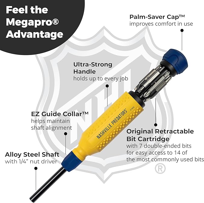 MEGAPRO짰 NHL짰 Team Edition Multi-bit Screwdriver | Officially Licensed NHL짰 Gear | Durable, Ergonomic, Pro-Grade Screwdriver (Nashville Predators짰)