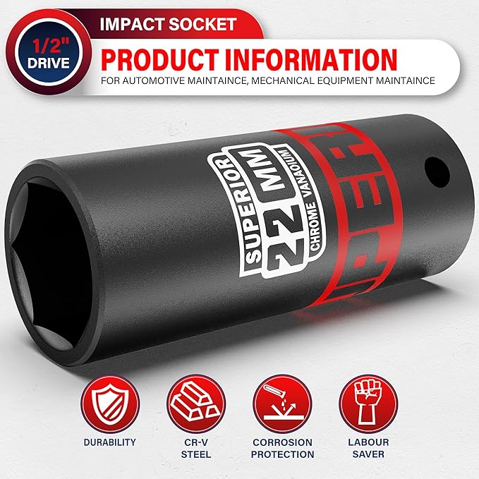 1/2" Drive Impact Socket, 22 mm Deep Socket, Metric, 6 Point, CR-V, for Automotive Maintaince, Mechanical Equipment Maintaince