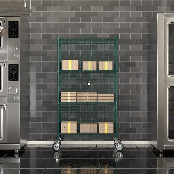 Commercial Grade NSF Listed Metal Wire Mesh Storage Green Epoxy Mobile Security Cage Kit, 18" x 36" x 70", Perfect for Warehouse, Walk-in Refrigerator, Freezer, Grocery Store, Restaurant, Dishroom