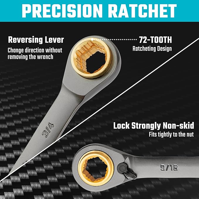 DURATECH Anti-slip 4-in-1 Reversible Ratcheting Box Wrench Set, Double Box End, SAE, 2-Piece, 5/16, 3/8, 7/16, 1/2 & 9/16, 5/8, 11/16, 3/4-Inch, CR-V Steel, Nickel Plated, with Rolling Pouch