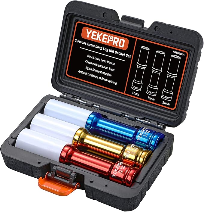 Lug Nut Socket Set 1/2" Drive Impact Tools, Non-marring & Thin Wall Lug Nut Socket Set, Extra Long 150mm Deep Socket for Wheel Lug Nut Remover, 3pcs Metric Sizes 17 19 21mm, 6 Point, W12003A