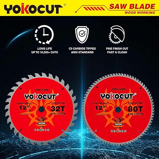 12 Inch Mitre Saw Blades, 32T for General Purpose & 80T for Ultra-Fine Finish Wood Cutting, Carbide-Tipped Professional Table Saw Blade with 1-Inch Arbor - 2 Pack