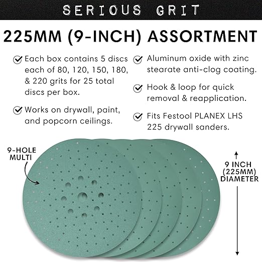 Serious Grit - 225mm 9-Hole Drywall Sanding Discs - 80, 120, 150, 180, 220 Grit (5 Each) - Fits Festool Planex LHS 225 Sanders - Heavy-Duty Hook & Loop Film Abrasives - Dust-Free Multi-Hole - 25 Pack