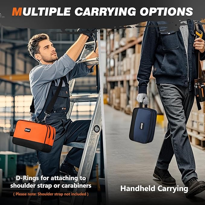 Small Tool Bag 2 Pack, Zipper Tool Pouch Two Compartments, 10 12 inch Utility ToolBag with Carrying Handle, Tool box Storage Organizer for Electrician Mechanic, Gift for Men Dad, Orange/Blue