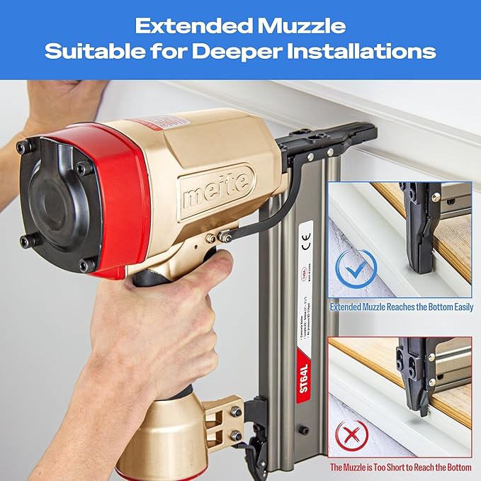 meite ST64L Concrete Nail Gun Extended Muzzle Pneumatic Concrete T-Nailer Gun for Wood-to-Concrete Projects, 100PCS Magazine, Accepts 3/4'' to 2-1/2''