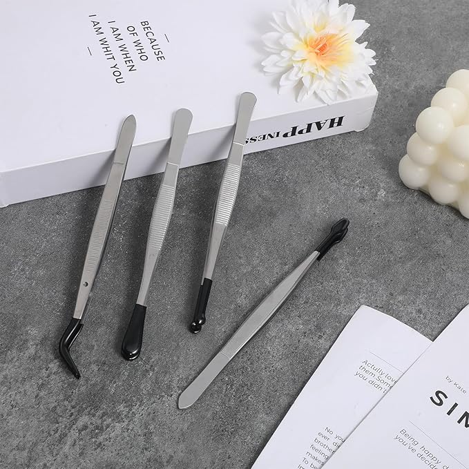 4 Pieces Rubber Tipped Tweezers PVC Rubber Coated Tip Bent and Straight Flat Tip Long Precision Tweezer for Crafts Lab Stamps Beads Hobby Jewelry Crafts Scrapbooking Tools (Black)