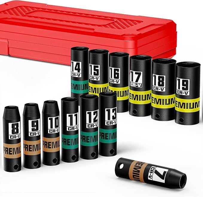 13-Piece 3/8" Drive Deep Impact Socket Set, 7-19mm, CR-V, 6 Point, Heavy-Duty Sockets for Impact Wrenches, Automotive and Home