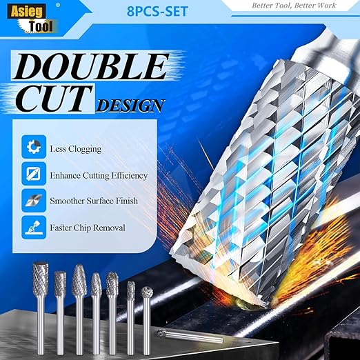 Carbide Burr Set 8pcs with 1/4''Shank Double Cut Solid Power Tools Tungsten Carbide Rotary Files Bits for Die Grinder Metal Wood Carving Engraving Polishing Drilling Grinding Milling Cutting