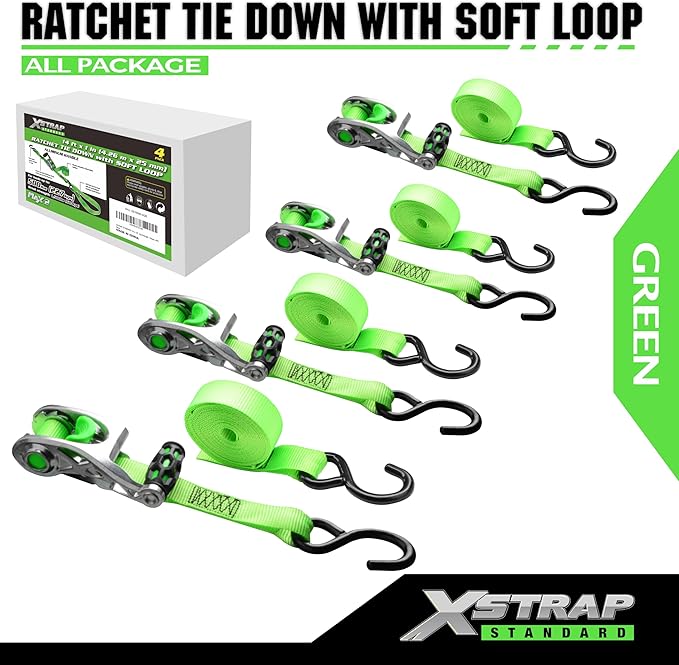 XSTRAP STANDARD 1in x 14ft Ratchet Straps with Ergonomic Aluminium Alloy Handle and Coated S-Hooks - 500 lb. Working Load Limit / 1,500 lb. Breaking Strength - Green, 4PK
