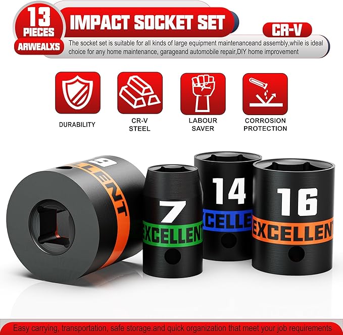13 Pieces 3/8-Inch Drive Impact Socket Set, 7-19mm Shallow Socket, 6 Point Metric Sockets for Automotive Repair, Equipment Maintenance