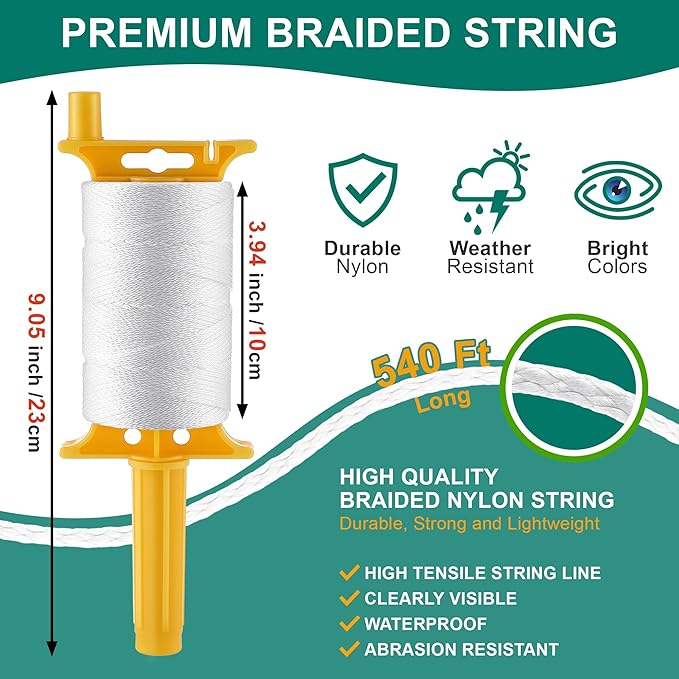 2 Pack Mason String Line Reel for Construction, Twisted 540 FT #18 Braided Nylon String with 10 Mason Line Level, High Visibility Braided Nylon Twine for Masonry Tools, Gardening, DIY(White)