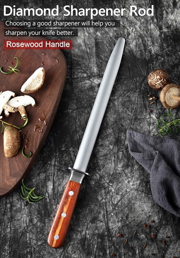 Seido Knives 10-Inch Rosewood Diamond Sharpening Rod - Honing Steel Knife Sharpener with Rosewood Handle