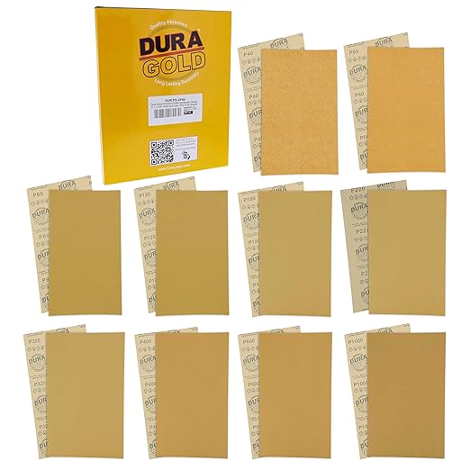 Dura-Gold Premium 40, 60, 80, 120, 180, 220, 320, 400, 600, 1000 Grit 5" x 2.75" Size Gold Sandpaper with Hook & Loop Backing, 4 Each/40 Total -Woodworking, Sanders
