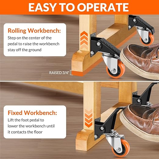 Caster Wheels, 3 Inch Workbench Casters Set of 4 Heavy Duty - 800 Lbs Capacity Retractable Swivel Castors with No Noise Polyurethane Wheels, Easy to Install for Tables Legs, Work Bench & Tool Carts