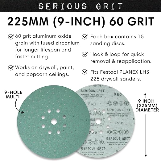 Serious Grit - 225mm 9-Hole 60 Grit Drywall Sanding Discs - Fits Festool Planex LHS 225 Sanders - Heavy-Duty Hook & Loop Film Abrasives - Dust-Free Multi-Hole Drywall Sander Sandpaper - 15 Pack