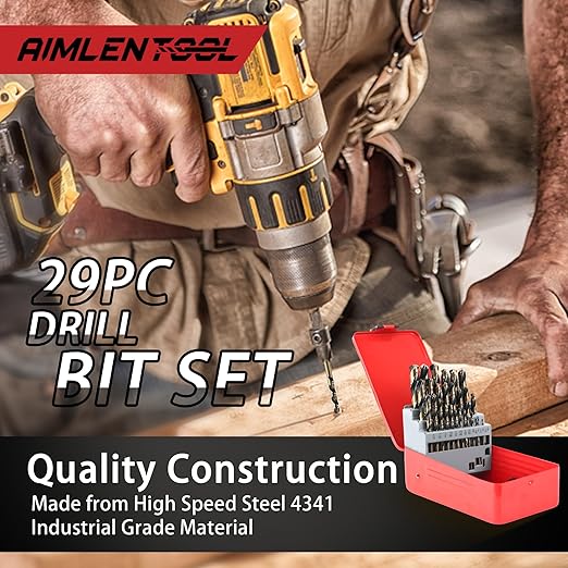 29Pcs Drill Bit Set, 135째 Tip HSS with Black and Gold Finish, Twist Jobber Length Drill Bit Kit for Hardened Metal, Cast Iron, Stainless Steel, Plastic and Wood with Storage Case 1/16"-1/2"