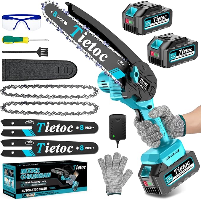 Tietoc Mini Chainsaw 8 inch Cordless with 2x 4000mAh Batteries, Battery Powerd Chain saw with Oiler, Lightweight Handheld Saw for Household & Garden, Gifts for Men, Dad, Husband, Gardener and DIYer