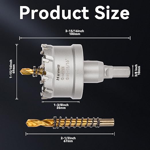 Hole Saw 1-15/16" (49mm) Heavy Duty Carbide with 2 Pilot Drill Bits - Metal Hole Cutter Cuts Stainless Steel, Iron, Copper, Brass, Plastic