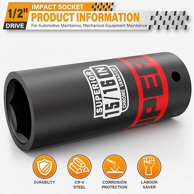 1/2" Drive Impact Socket, 15/16 inch Deep Socket, SAE, 6 Point, CR-V, for Car Repair, Loosen the Fastening Nut