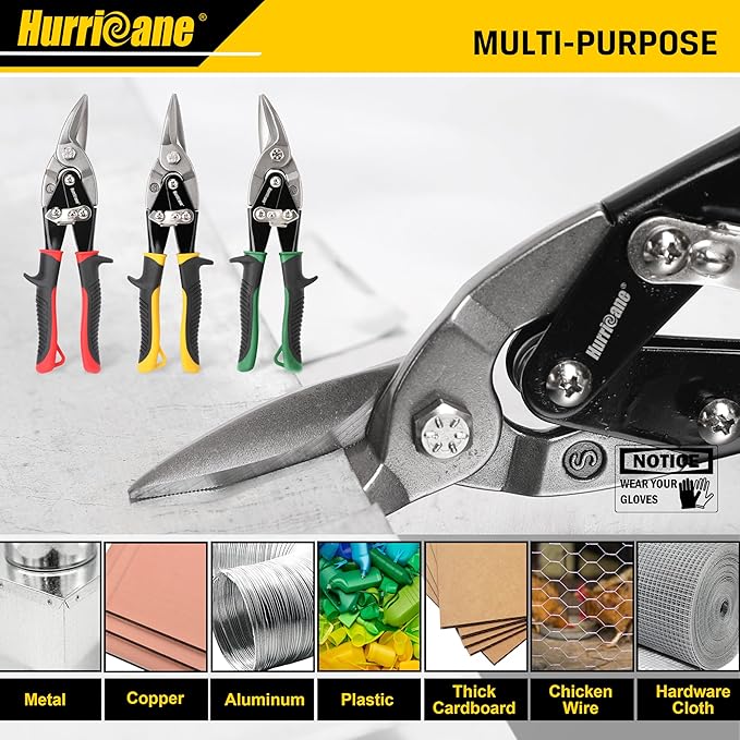 HURRICANE 3 pc Aviation Tin Snips Set, 10 inch Metal Cutter Shears for Cutting Sheet Metal, Cr-V Blades, Straight Left and Right Aviation Snips, with Ergonomical TyreGrip Handle and Safety Latch