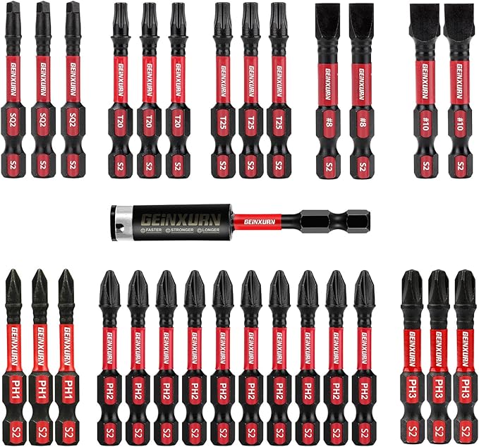 Screwdriver Bit Set with PH1/PH2/PH3/SQ2/T20/T25/SL8/SL10 and 1Pcs Impact Bit Holder, 30Pack Bulk Impact Rate Insert Driver Bit Set
