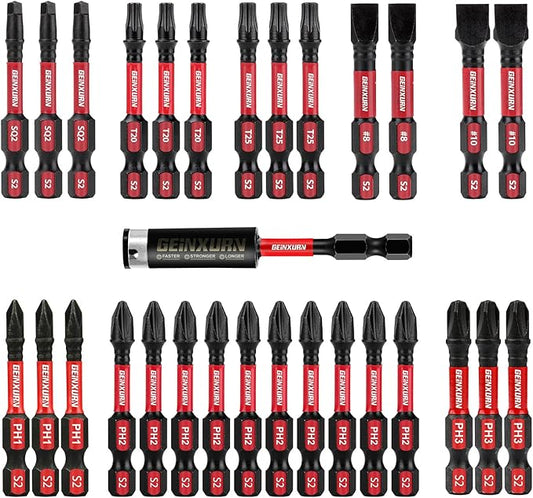 Screwdriver Bit Set with PH1/PH2/PH3/SQ2/T20/T25/SL8/SL10 and 1Pcs Impact Bit Holder, 30Pack Bulk Impact Rate Insert Driver Bit Set