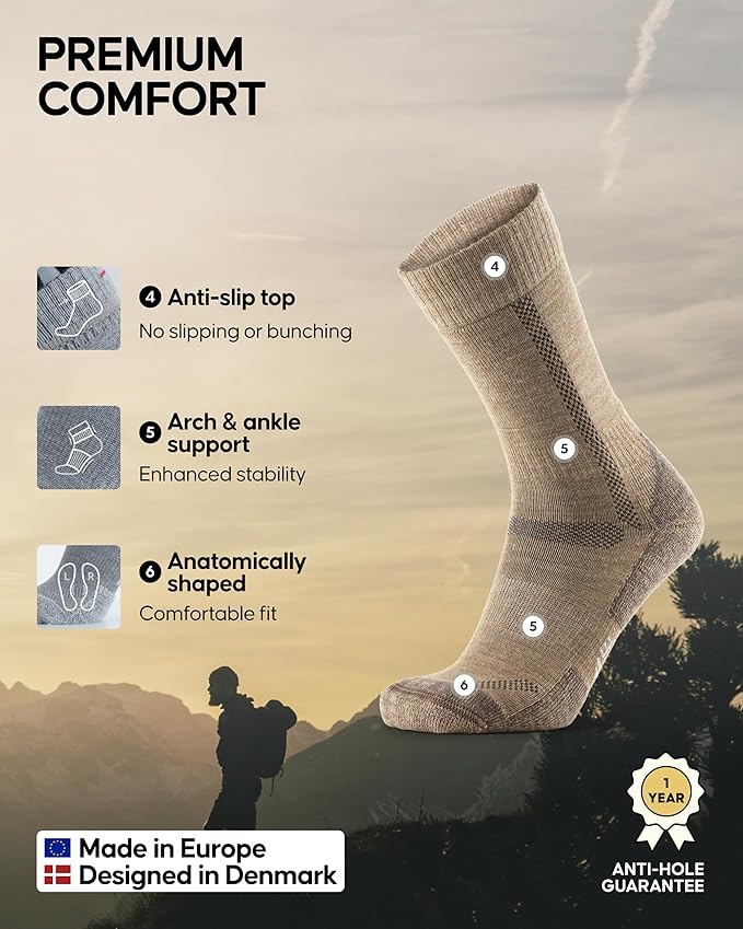 DANISH ENDURANCE Merino Wool Hiking Crew Socks for Men & Women, Cushioned Anti-Blister, Breathable - 3 Pairs