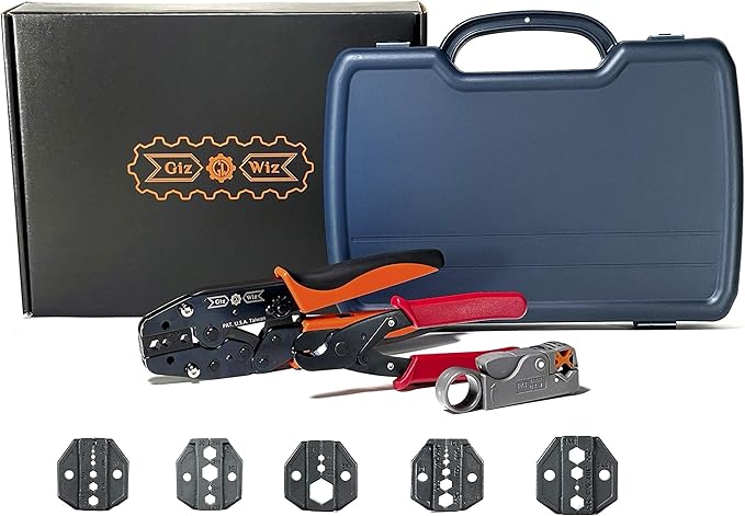 GIZWIZ Professional All-In-One RF Coax Quick Change Tool Kit Crimper Cutter Stripper 5 Interchangeable Die Sets