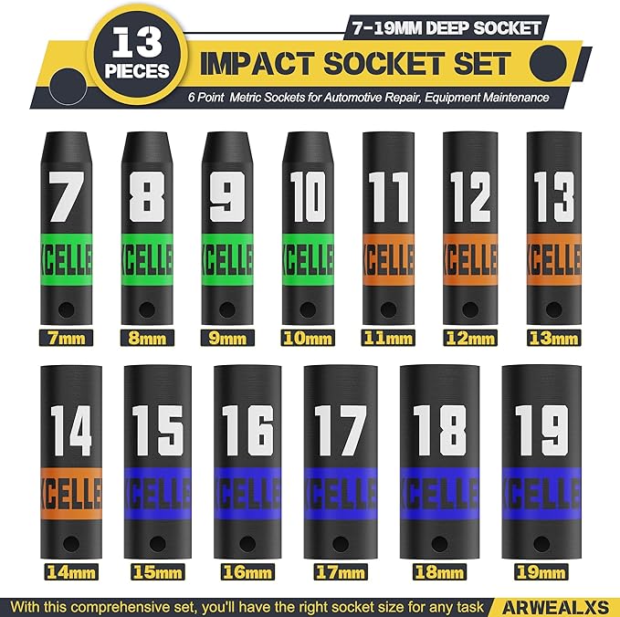 13 Pieces 3/8-Inch Drive Impact Socket Set, 7-19mm Deep Socket, 6 Point Metric Sockets for Automotive Repair, Equipment Maintenance