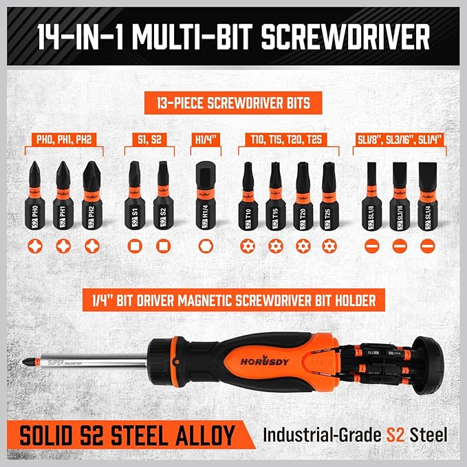 HORUSDY Magnetic Ratcheting Screwdriver Set: 14-in-1 Bits & 1/4" Driver, Multi-Sized Phillips, Slotted, Square, Torx, Hex for Garage & Daily Repair