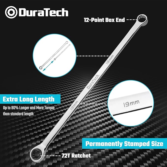 DURATECH 19mm Extra Long Ratcheting Wrench, Metric, CR-V Steel