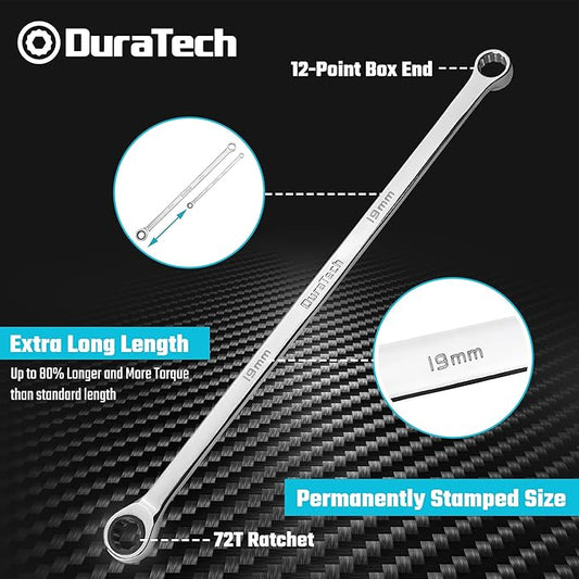 DURATECH 19mm Extra Long Ratcheting Wrench, Metric, CR-V Steel