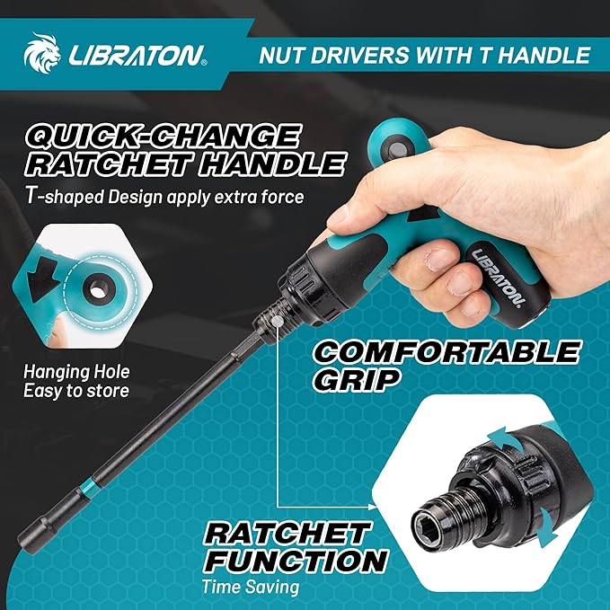 LIBRATON 27PCS Magnetic Nut Driver Set with Ratcheting T Handle, Nut Driver Set for Impact Drill, Metric & SAE Long Socket Set, Drill Bits, Socket Adapters, Wing Nut Driver, Quick-release Bit Holder