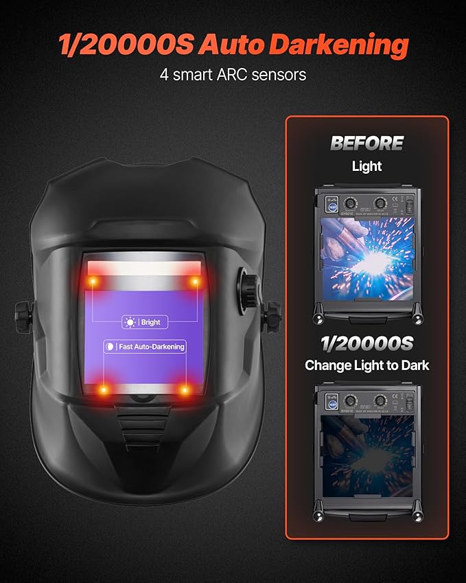 VEVOR Welding Helmet Auto Darkening, 3.94" x 3.15" True Color Welding Hood, Solar-Powered Welder Mask 4 Arc Sensors, Wide Shade 4/5-9/9-13 for TIG MIG Weld Cutting Grinding Application - METIS Series