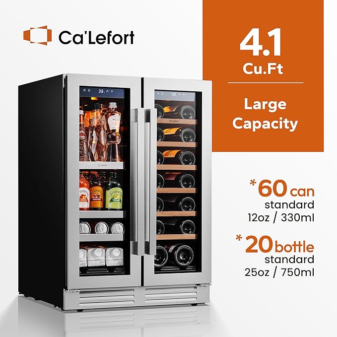 Ca'Lefort 24 Inch Wine and Beverage Refrigerator - 60 Can and 20 Bottle Wine Fridge Dual Zone 36-72째F, 3 LED Beverage Cooler Built in or Freestanding, Perfect for Home/Kitchen(4.10 cu.ft)