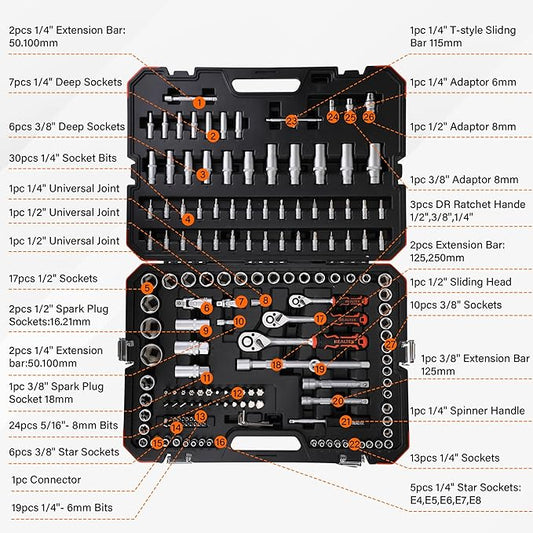 1/4" Socket Ratchet Wrench Screwdriver Set, 172PCS CR-V Metric Wrench Set with Extension Bar, Quick-Release Ratchet Wrench with Bit Socket Set for Auto Repairing, Household with Durable Tool Case