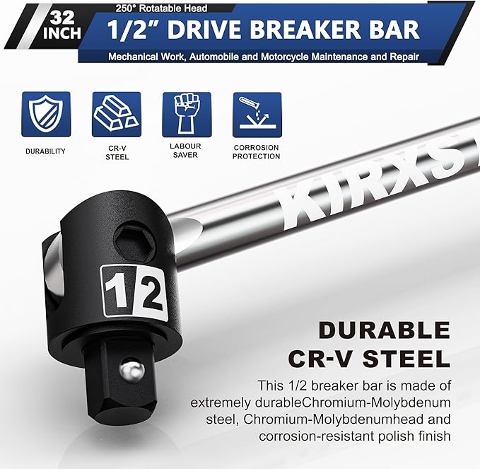 32-Inch 1/2??Drive Breaker Bar, Heavy Duty Extension Breaker Bar, 250째 Rotatable Head, Premium Chromium Molybdenum Steel, Mechanical Work, Automobile and Motorcycle Maintenance and Repair