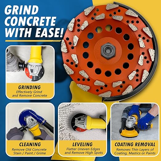7" High Performance Diamond Grinding Wheels for Aggressive Concrete, Paint, Epoxy, Mastic & Coating Removal, #20 Grit, 24 Segments, 7/8"-5/8" Non-Threaded Arbor