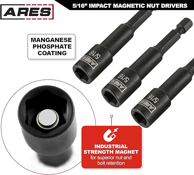 ARES 27014-3-Piece 5/16-Inch Magnetic Impact Nut Driver Bit Set - Stubby 2 9/16-Inch Length - Impact Grade Nut Setters with Industrial Strength Magnets