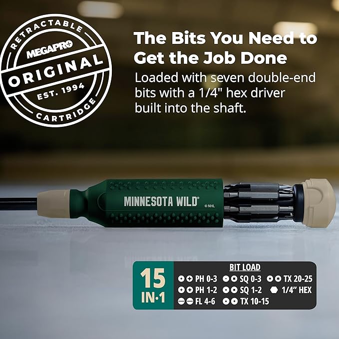 MEGAPRO짰 NHL짰 Team Edition Multi-bit Screwdriver | Officially Licensed NHL짰 Gear | Durable, Ergonomic, Pro-Grade Screwdriver (Minnesota Wild짰)