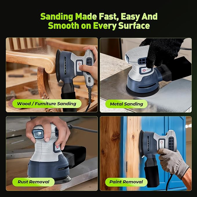 5-Inch Random Orbital Sander, Toolok 3Amp Electric Palm Sander with 6 Variable Speeds 6000-13000 OPM, Dust Bag & Vacuum Adapter, 15 Sandpapers for Woodworking, Furniture Refinishing & Paint Removal