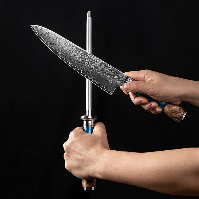 Executive 8-Inch Diamond Sharpening Rod | Blue Resin & Stabilized Wood Handle | Professional Knife Sharpening