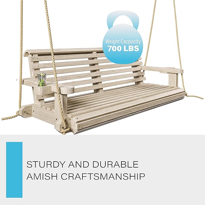Porchgate Amish Heavy Duty 800 Lb Roll Comfort Treated Porch Swing W/Ropes (4 Foot, Unfinished)