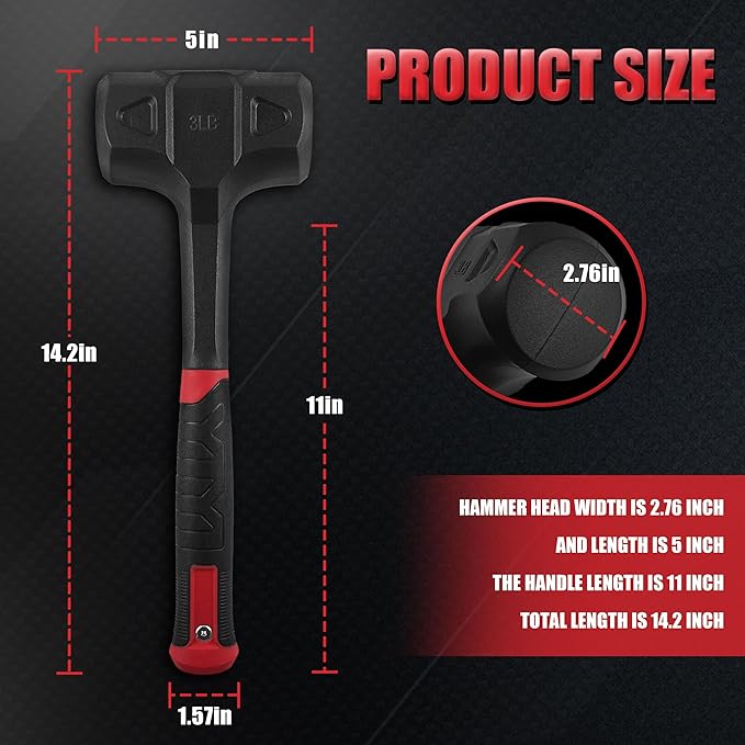 YIYITOOLS 3LB (48oz) Dead Blow Hammer, Heavy Duty One-Piece Forged Carbon Steel Construction, Steel Ball-Filled Head, Anti-Vibration Rubber Grip, Spark and Rebound Resistant, Ideal for DIY, Automotive