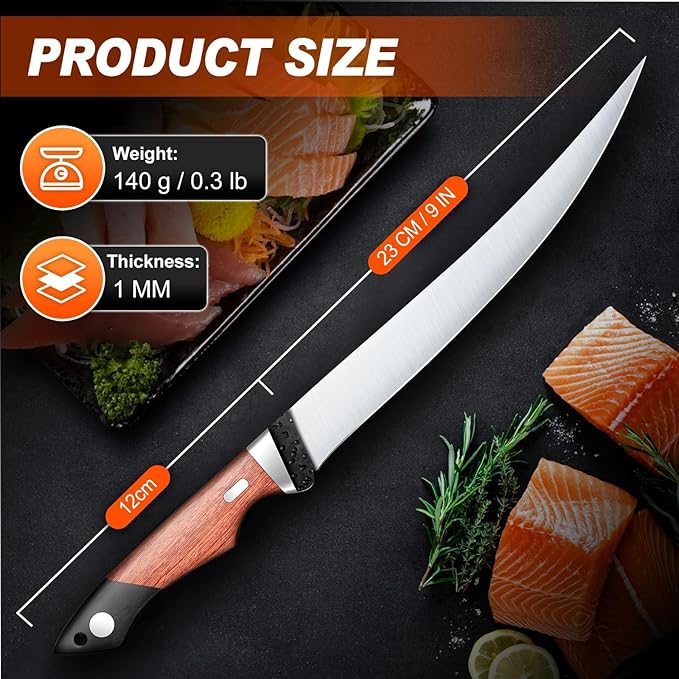 PURPLEBIRD Fillet Knife for Fish 9" with Sheath, 440C Stainless Steel Boning Knife for Meat Cutting with Wood Handle, Fish Fillet KnivesKitchen & Outdoor for Fishing, Hunting, BBQ, Christmas Gifts
