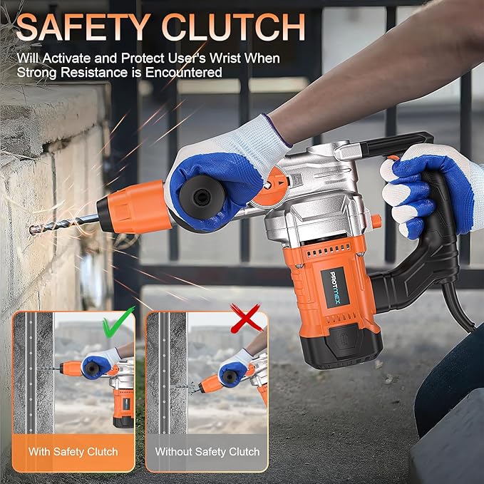 1-1/4 Inch SDS-Plus 13 Amp Heavy Duty Rotary Hammer Drill with Safety Clutch 3 Functions, Vibration Control, for Floor Tile Removal, Concrete Breaker, Including Grease, Chisels & Drill Bits