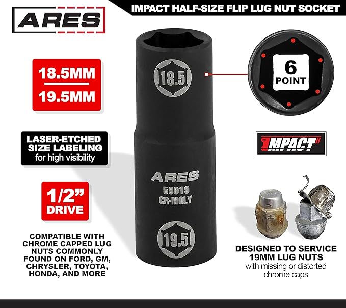 ARES 59019-1/2-inch Drive 18.5x19.5mm Half Size Lug Nut Flip Socket - Impact Grade Chrome-Moly Steel ??Remove Warped, Damaged, and Bloated Chrome Capped Lug Nuts