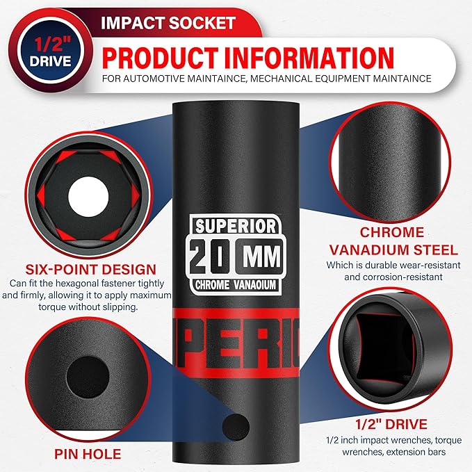 1/2" Drive Impact Socket, 20 mm Deep Socket, Metric, 6 Point, CR-V, for Automotive Maintaince, Mechanical Equipment Maintaince